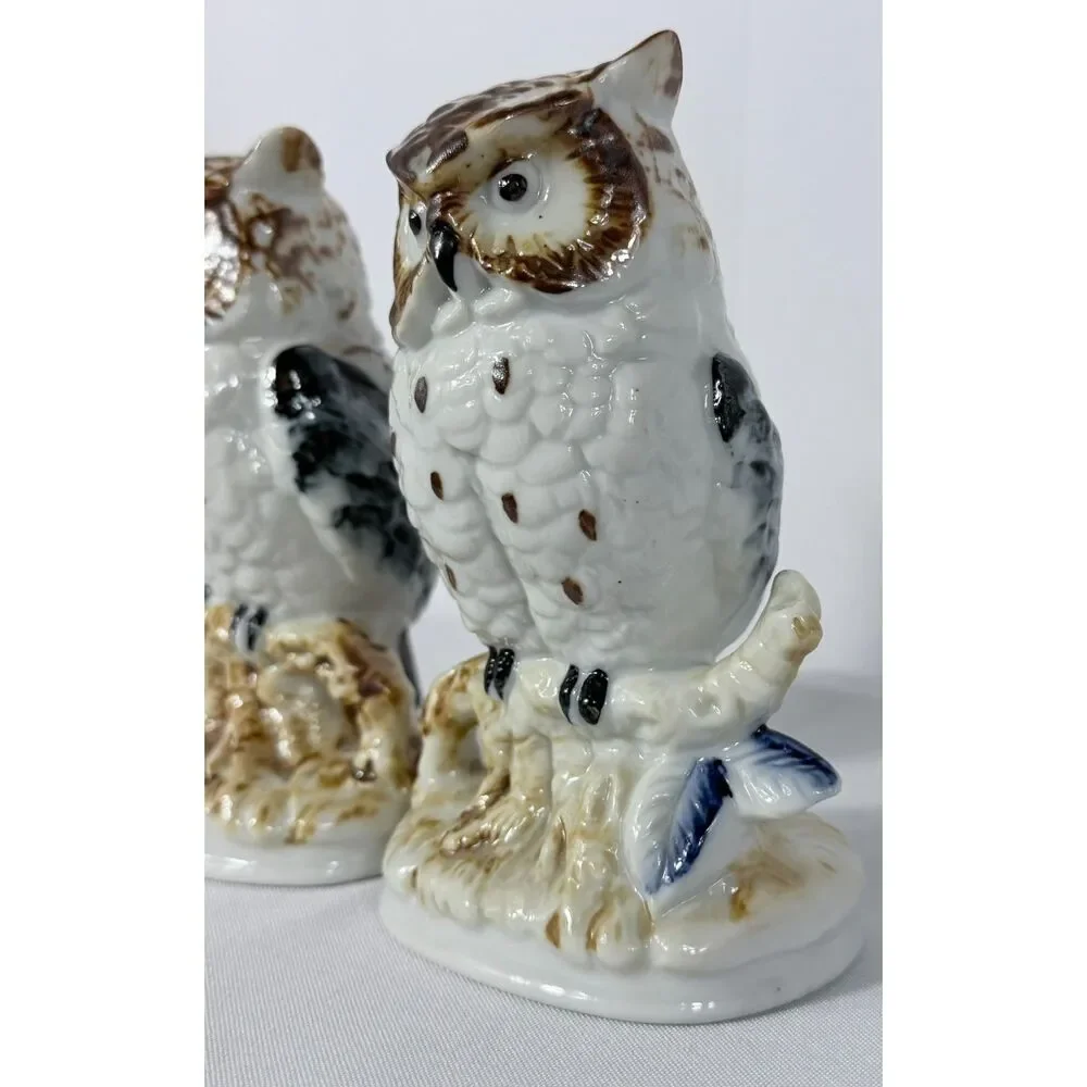 Vtg Ceramic Glazed Owl Pair Snow 6